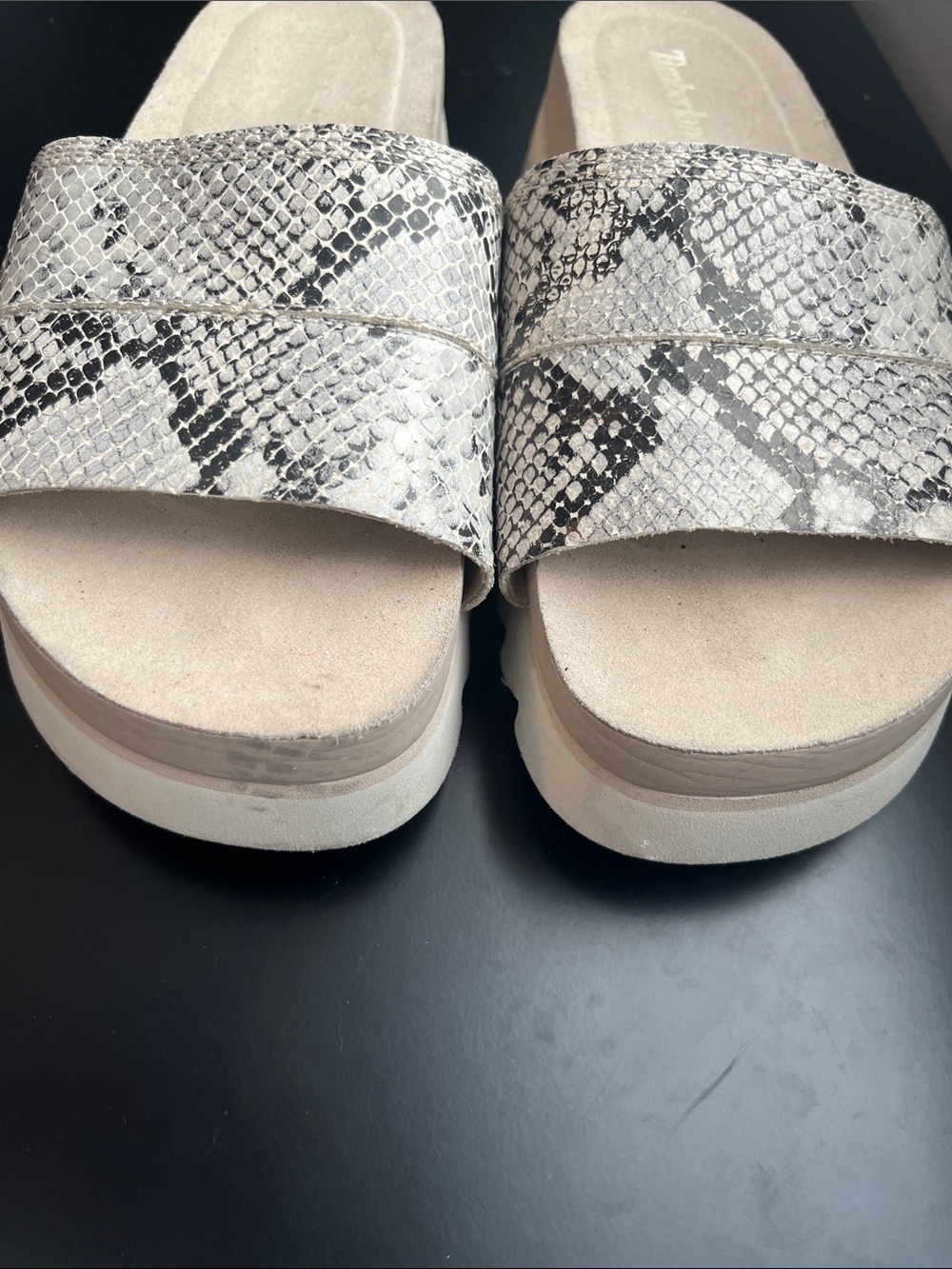 Timberland Women's Snake-Print Slide Sandals in Beige and Black